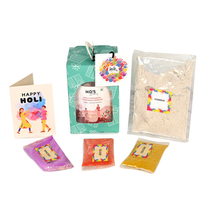 Holi Green Gift Box with Apple Cinnamon & Oatmeal Cookies,Thandai Mix & Holi Colours  |  Herbal Gulal 15g x 3 colours