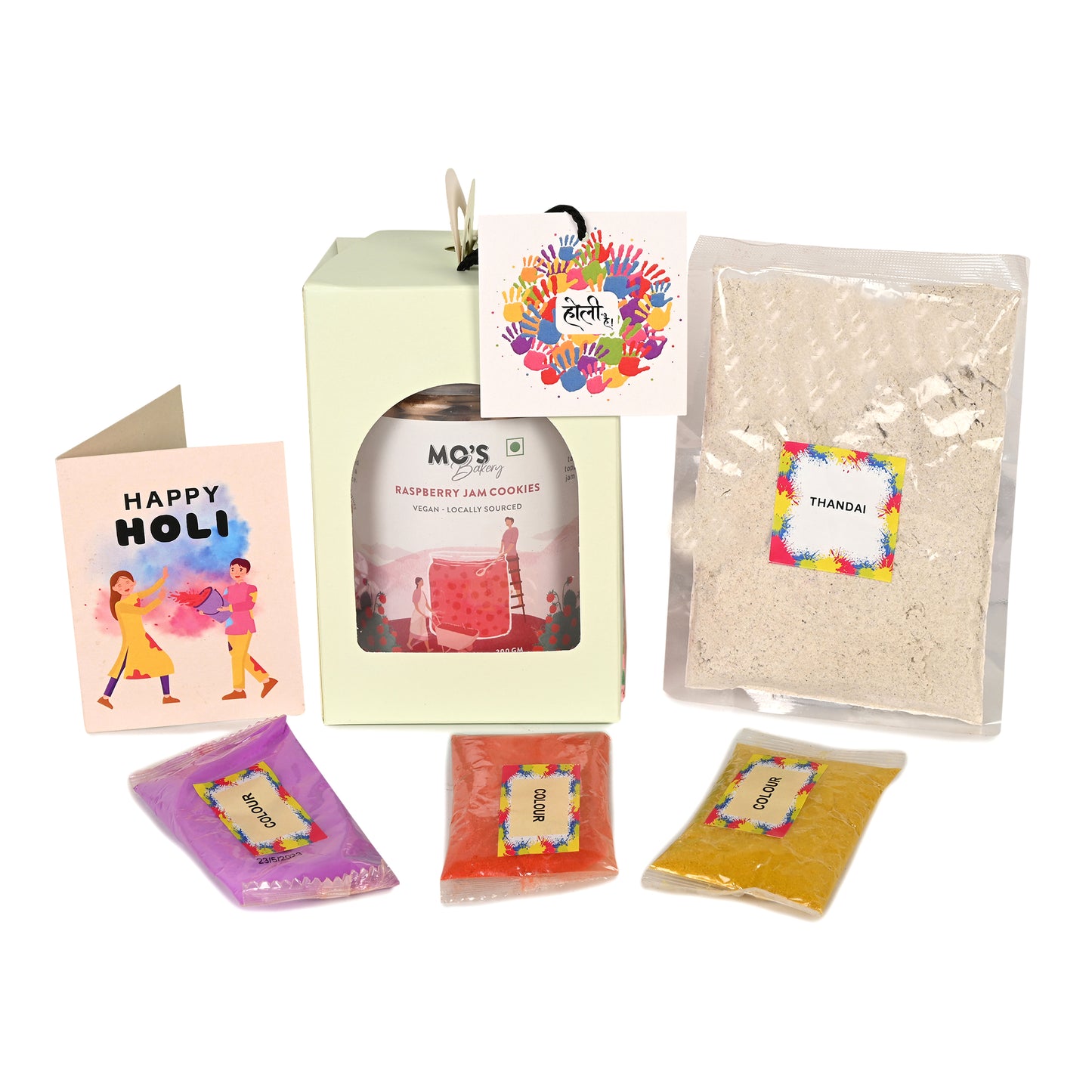 Holi Blue Gift Box with Raspberry Cookies, Holi Colours and Thandai Mix |Herbal Gulal 15g x 3 colours