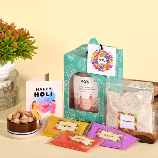 Holi Green Gift Box with Apple Cinnamon & Oatmeal Cookies,Thandai Mix & Holi Colours  |  Herbal Gulal 15g x 3 colours