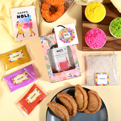 Holi Pink Gift Box with Raspberry Cookies, Holi Colours and Thandai Mix | Herbal Gulal 15g x 3 colours Gift Set