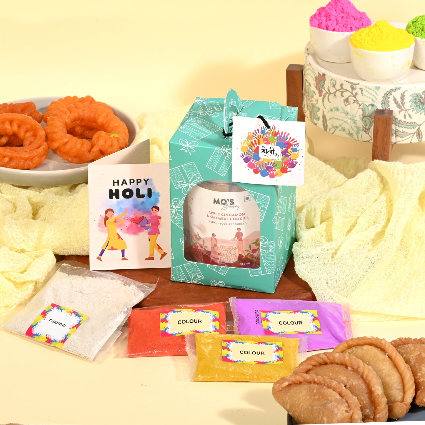 Holi Green Gift Box with Apple Cinnamon & Oatmeal Cookies,Thandai Mix & Holi Colours  |  Herbal Gulal 15g x 3 colours