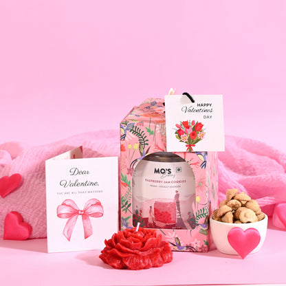 Valentines Day Pink Gift Box with Raspberry Cookies, Rose Flower Candle & Customisable Card | Valentine Gift for Boyfriend,Girlfriend,Husband,Wife | Cookies gift box | Healthy Valentines Day Gift