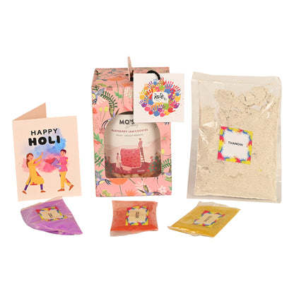 Holi Pink Gift Box with Raspberry Cookies, Holi Colours and Thandai Mix | Herbal Gulal 15g x 3 colours Gift Set