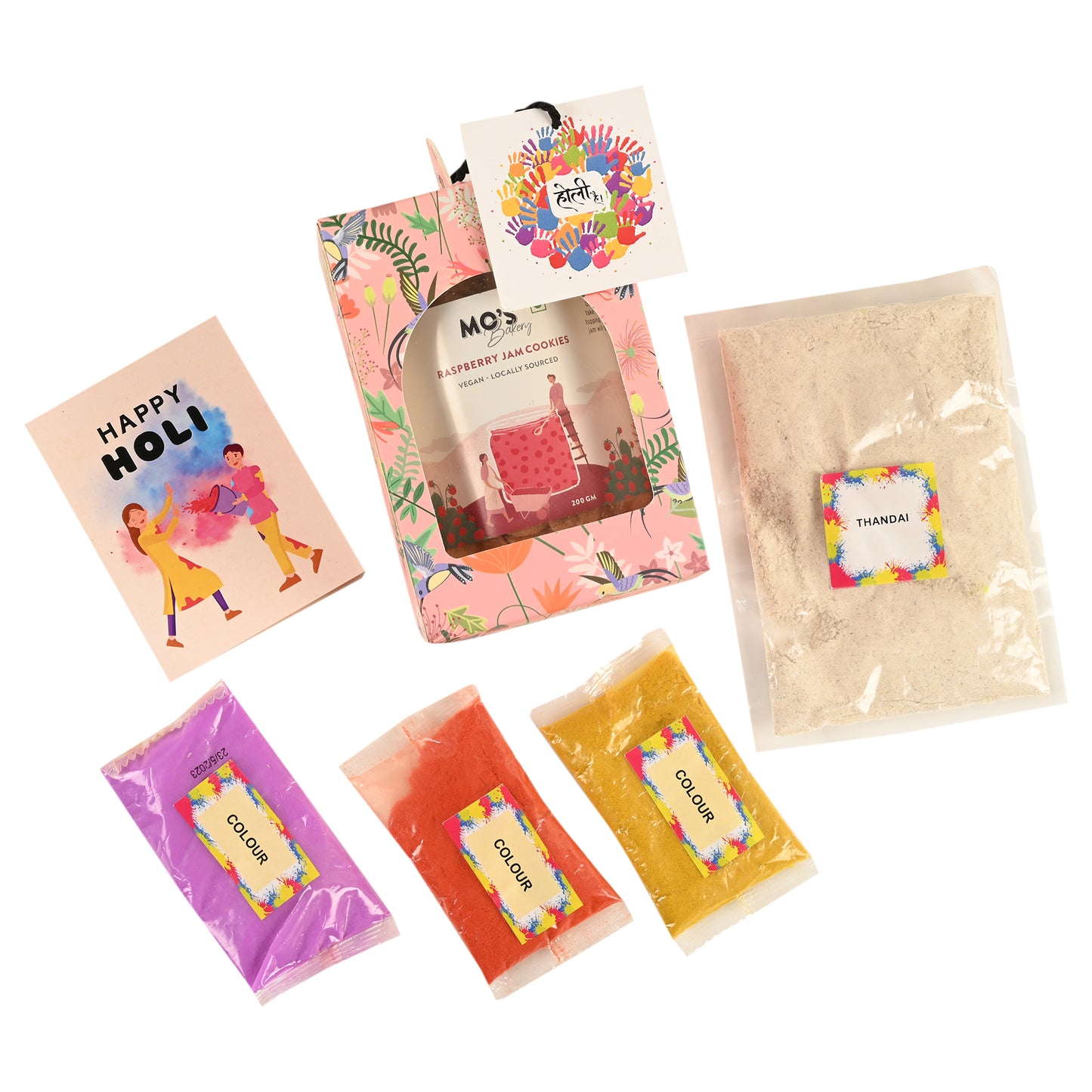 Holi Pink Gift Box with Raspberry Cookies, Holi Colours and Thandai Mix | Herbal Gulal 15g x 3 colours Gift Set