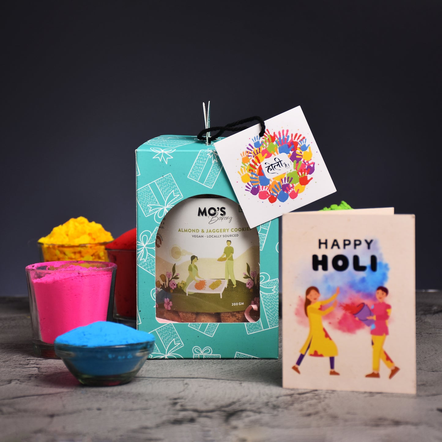 Holi Green Gift Box with Almond & Jaggery Cookies, Holi Colours and Thandai Mix | Herbal Gulal 15g x 3 colours