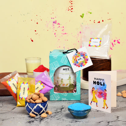 Holi Green Gift Box with Almond & Jaggery Cookies, Holi Colours and Thandai Mix | Herbal Gulal 15g x 3 colours