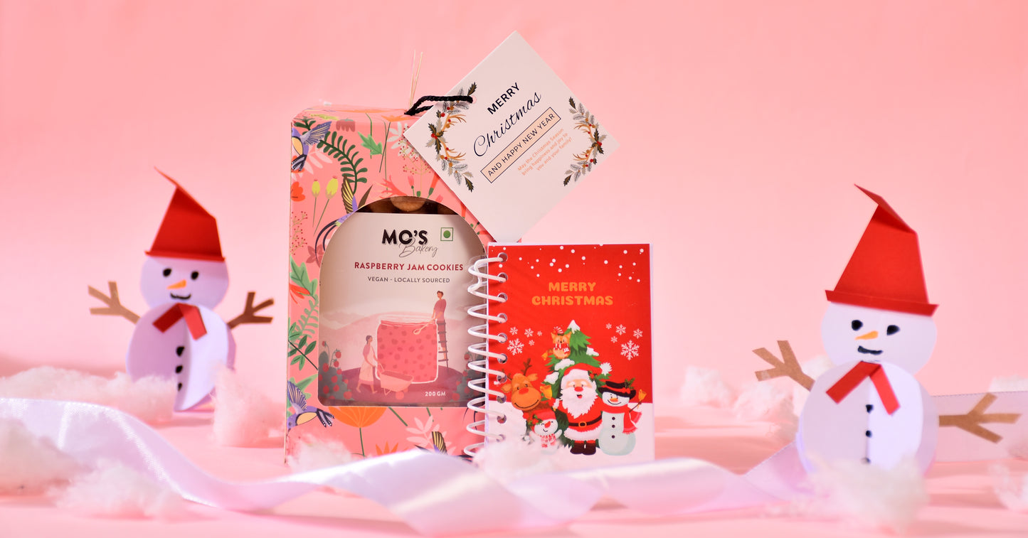 Premium Christmas & New Year Pink Gift Box with Raspberry Cookies,New Year Goals Diary & Xmas Greeting Card | Healthy Christmas Gift | Healthy Snacks Gift Box | Cookies Gift Box